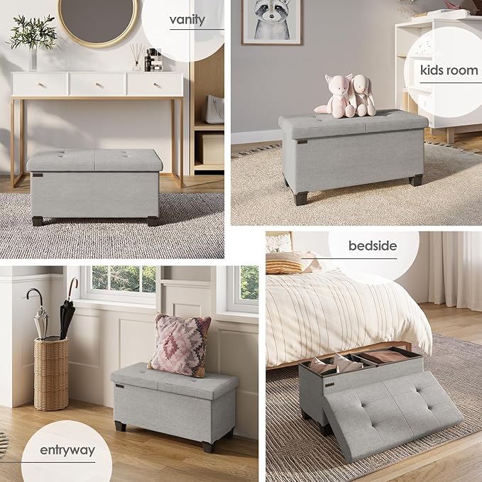 Storage Ottoman Bench with Bins, 30-in Storage Bench for Bedroom End of Bed, Folding Foot Rest Ottoman for Living Room Max 660lbs, Fabric Ottomans, Light Grey