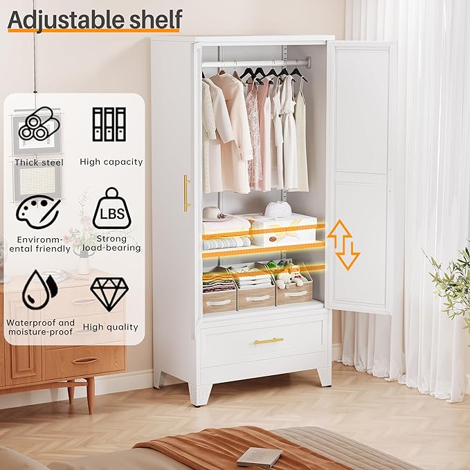 RIETERN Metal Armoire Wardrobe 71" Tall Closet, Bedroom Closet with Mirror, 1 Drawer, Adjustable Shelves, and Hanging Rod, Steel Clothes Closets and Storage, for Bedroom White