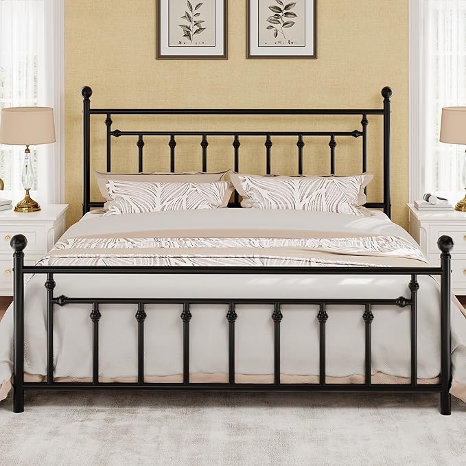 SHA CERLIN 14" King Size Metal Platform Bed Frame/Victorian Headboard and Footboard/Steel Slats Mattress Foundation for Storage/No Box Spring Needed/Noise Free/Black