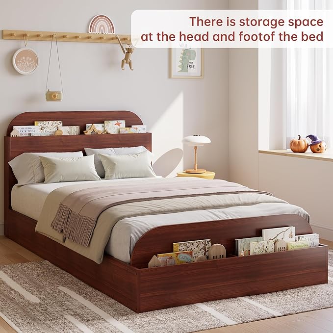 GarveeHome Twin XL Size Bed Frame, Wooden Beds with Storage Headboard and Raised-Foodboard, Twin XL-Floor Low Platform Bed for Bedroom, Sturdy Wooden Slats Support, No Box Spring Needed, Espresso