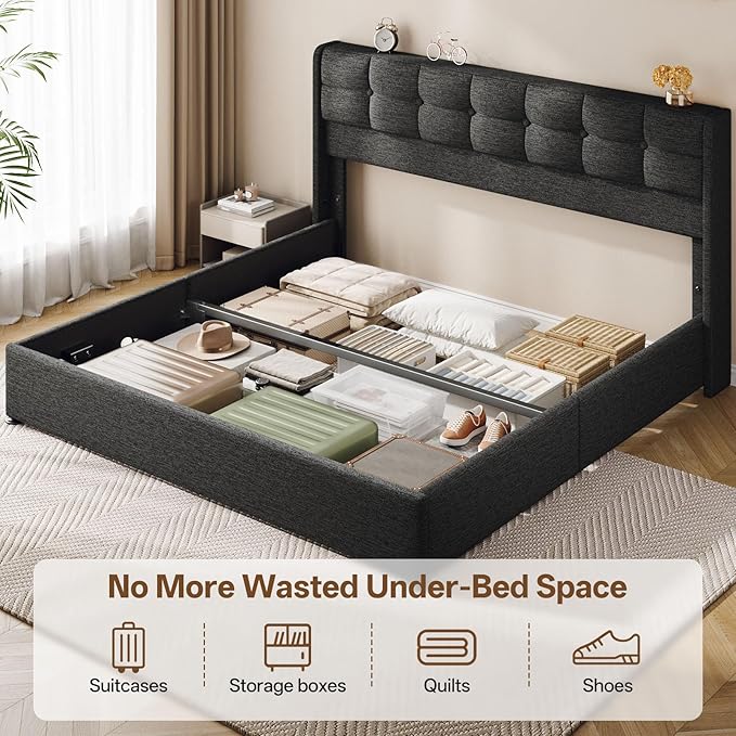 Lift Up King Size Bed Frame with Storage, Upholstered King Bed Frame with Wingback Headboard, No Box Spring Needed, Easy Assembly - Dark Grey