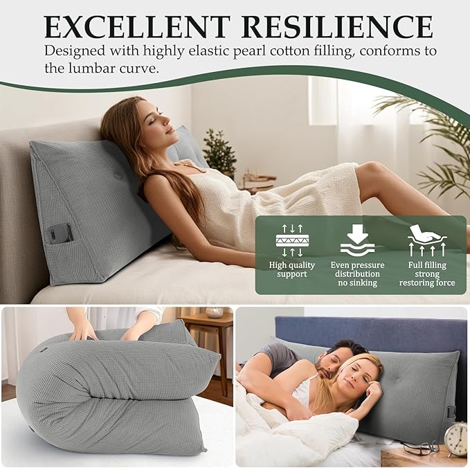 Huatean Home Soft Headboard Pillow Full Size, Wall Backrest Wedge Pillow Headboard Full, Reading Backboard Pillows, Large Dorm Daybed Bolster Pillows for Back Support with Removable Cover, Gray