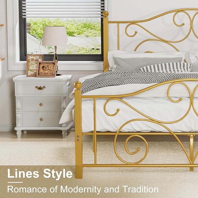VECELO Full Size Bed Frame with Headboard and Footboard, Heavy Duty Metal Slat Support, Platform Mattress Foundation, No Box Spring Needed, Easy Assembly, Gold