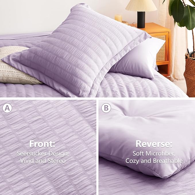 CozyLux Full Size Comforter Sets with Sheets 7 Pieces, Light Purple Seersucker Bed in a Bag Textured Luxury Soft Bedding Sets with Down Alternative Comforter, Sheets, Pillowcases & Shams, Lavender