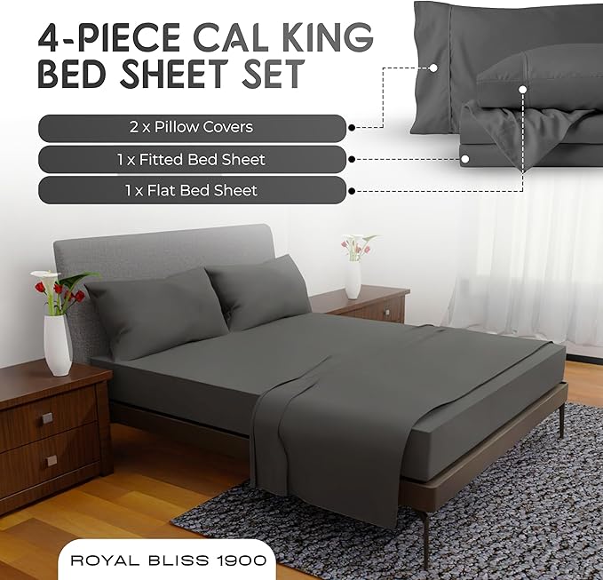 California King Sheet Sets – 4Pcs Cal King Bedding Set, Deep Pocket, Double Brushed Microfiber, Fade Resistant, Soft & Breathable Bed Sheets for Ultimate Comfort(Dark Grey)