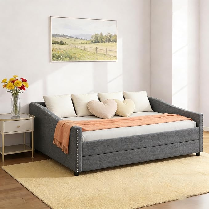 Upholstered Daybed with Trundle, Full Size Day Bed w/Button-Tufted Back and Piping on Waved-Shape Arms for Bedroom or Guest Room, No Box Spring Required, Dark Gray