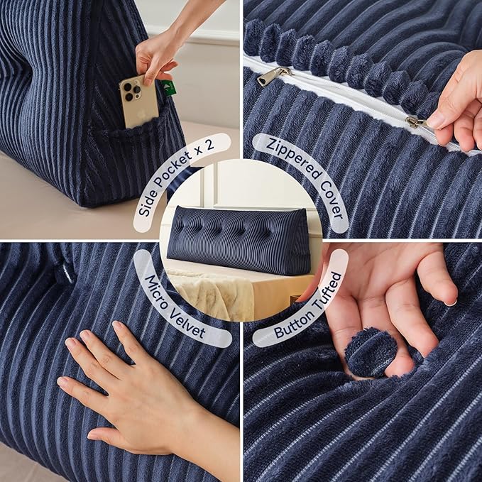 Z-hom Large Headboard Pillow Queen, NO ROLL Pillow, Wedge Pillow Headboard for Sitting Up in Bed, Backrest Support Triangular Cushion for Reading, Gap Pillow w/Removable Washable Cover,Blue