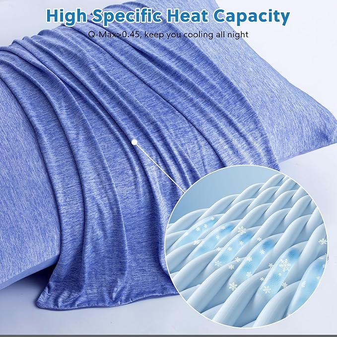 HOMFINE Cooling Pillowcases Queen Size - Double Side Q-Max 0.439 Cooling Fiber for Pillow Protector, Breathable Cold Pillow Cover for Hot Sleeper Night Sweat, Zipper, 2 Pack (20"x30", Dark Blue)