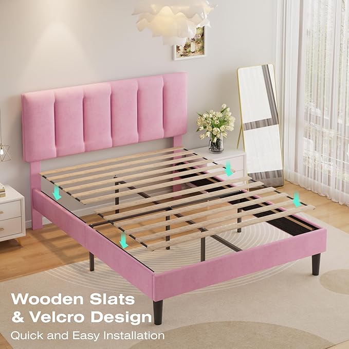 VECELO Full Bed Frame with Upholstered Headboard, Heavy-Duty Platform Bedframe with Strong Wooden Slats Support, No Boxing Spring Needed, Pink