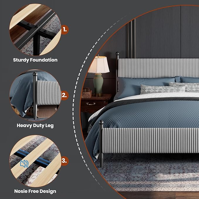 Garvee King Size Upholstered Bed Frame - with Velvet Headboard, Soft Corduroy Fabric Platform with Wooden Slats Support & Heavy Duty Feet, No Box Spring Needed, Noise Free, Easy Assembly, Grey