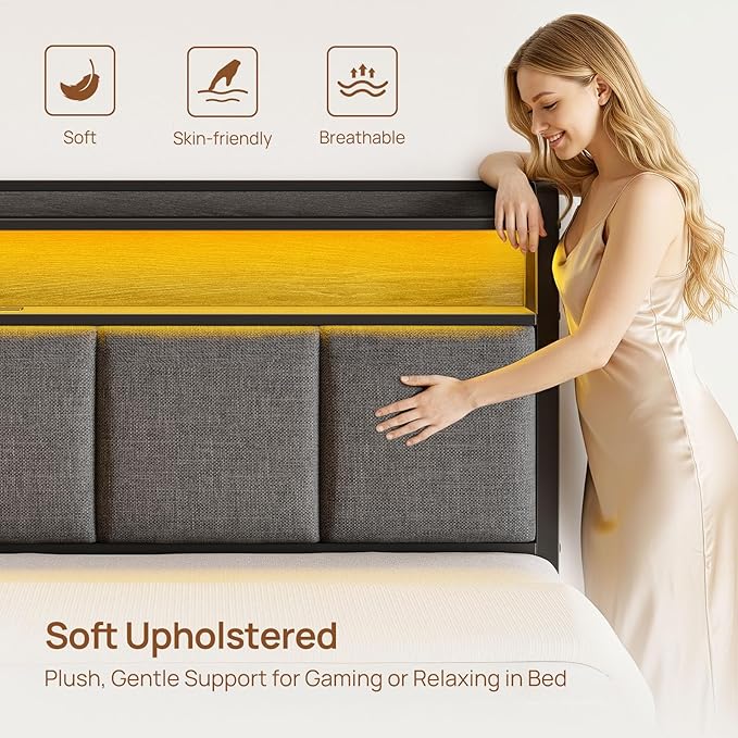Rolanstar Bed Frame Full Size with Charging Station and LED Lights, Upholstered Storage Headboard with Drawers, Heavy Duty Metal Slats, No Box Spring Needed, Noise Free, Easy Assembly, Dark Grey