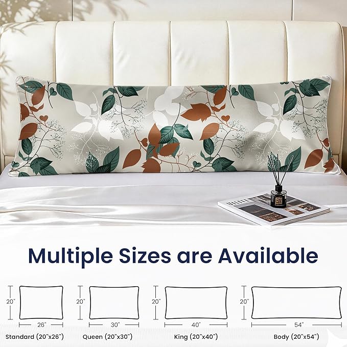 EXQ Home Satin Pillowcase for Hair and Skin - Printed Green Leaves Silk Body Pillowcase 20x54 inches - Body Pillow Cases with Envelope Closure, Gifts for Women Men