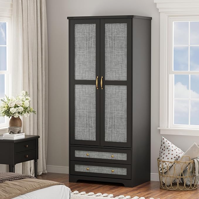 Yechen 71" Wooden Armoire Wardrobe Closet Set of 2- Modern Functional Clothes Tall Storage Cabinet with Adjustable Shelf and Hanging Rail, Sturdy Freestanding Closet Wardrobe with 2 Wide Drawers