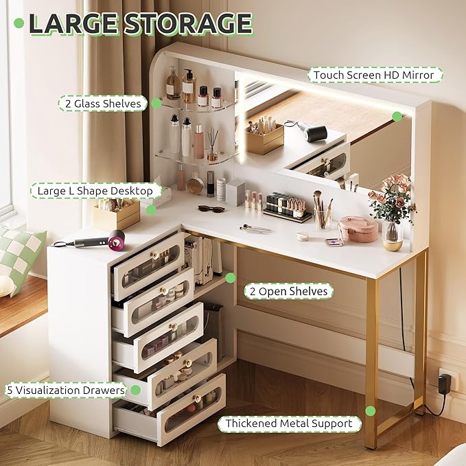 DWVO Vanity Desk with LED Lighted Mirror and 3 Lighting Modes, L-Shaped Corner Vanity Table, 48" Large Dressing Table with 5 Tempered Glass Drawers with Open Storage Shelves, White