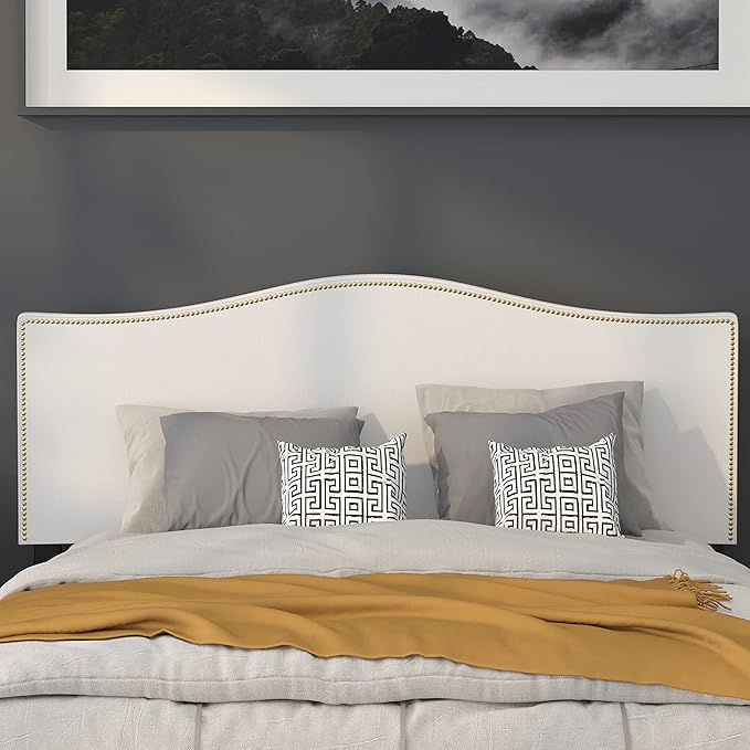 Flash Furniture Lexington Upholstered Queen Size Headboard with Accent Nail Trim in White Fabric