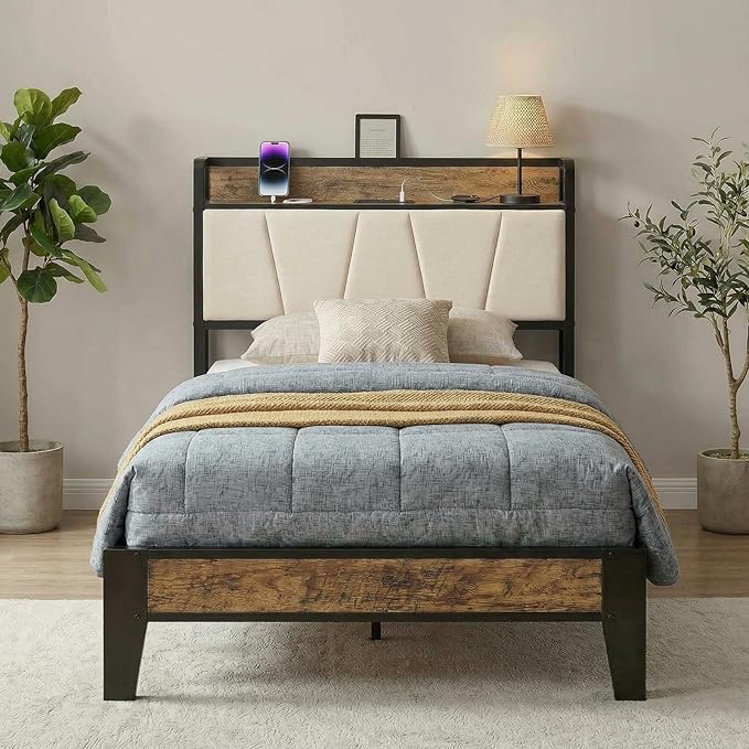 LIKIMIO Twin Bed Frames, Storage Headboard with Charging Station, Solid and Stable, Noise Free, No Box Spring Needed, Easy Assembly (Walnut and Beige)