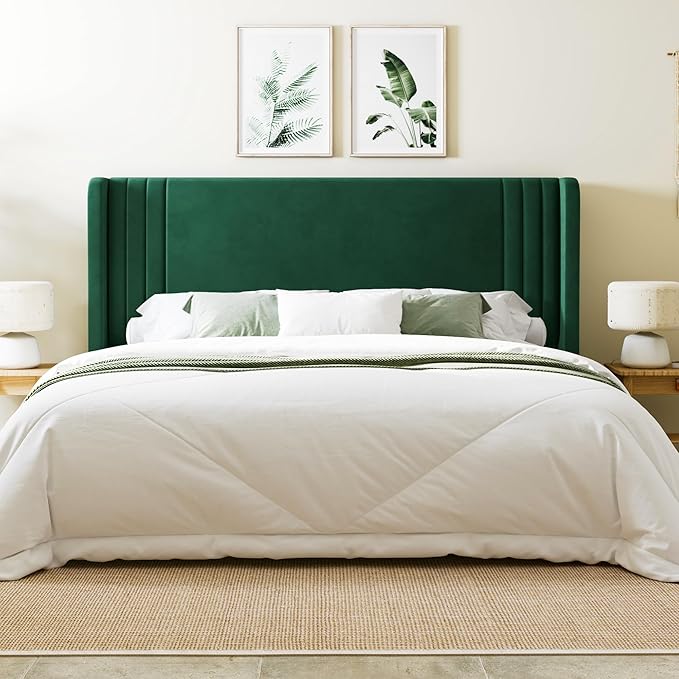 Allewie King Size Velvet Platform Bed Frame with Vertical Tufted Wingback Headboard, Easy Assembly, Under Bed Storage, No Box Spring Required, Modern Style, Green
