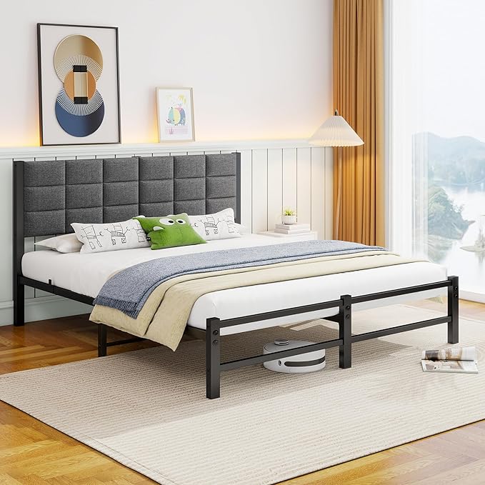 Full Size Bed Frame with Headboard,Metal Full Bed Frame with Under Bed Storage,No Box Spring Needed,Easy Assembly,Grey