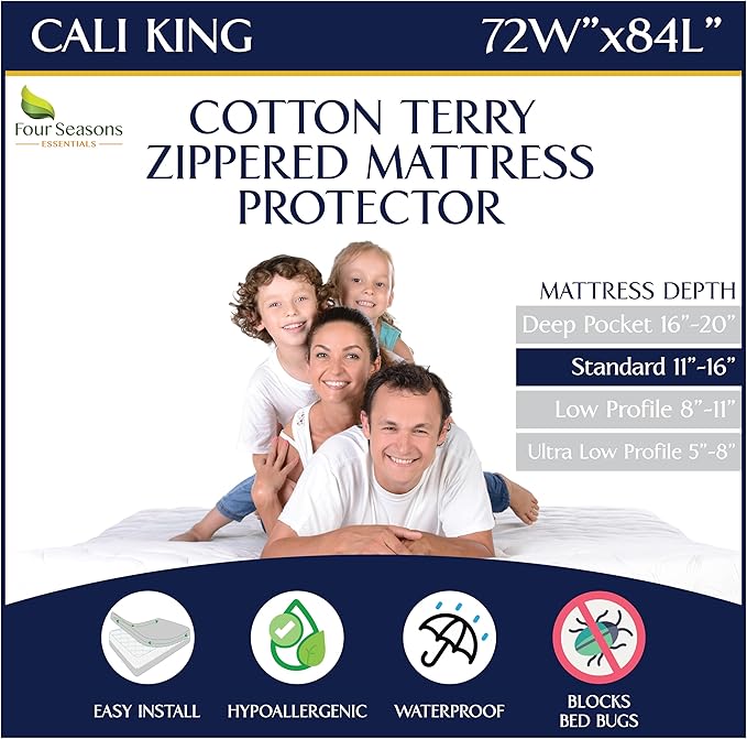 Zippered Waterproof Mattress Encasements - Hypoallergenic Mattress Protector Cover with Soft Cotton Terry Fabric Top - California King Size 72' x 84"