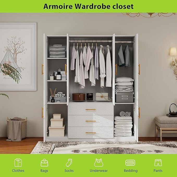 Armoires Wardrobe Closet Wood: Large Wardrobe Closet 4 Door White Storage Cabinet with 3 Drawers, Shelves and 2 Hanging Rods for Hanging Clothes