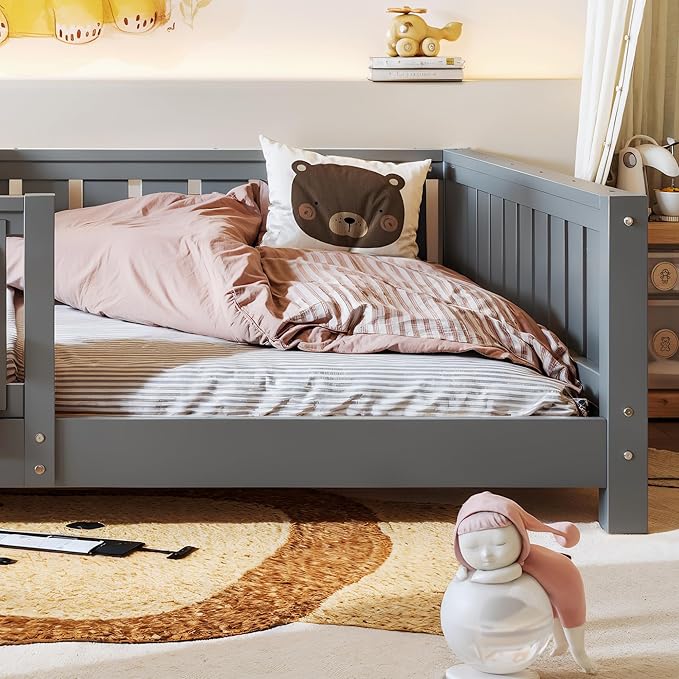 Bellemave Full Size Kids Montessori Bed with Bookshelf,Solid Wood Full Floor Bed Frame with Fence and Slats for Girls Boys,Low-Profile,Gray
