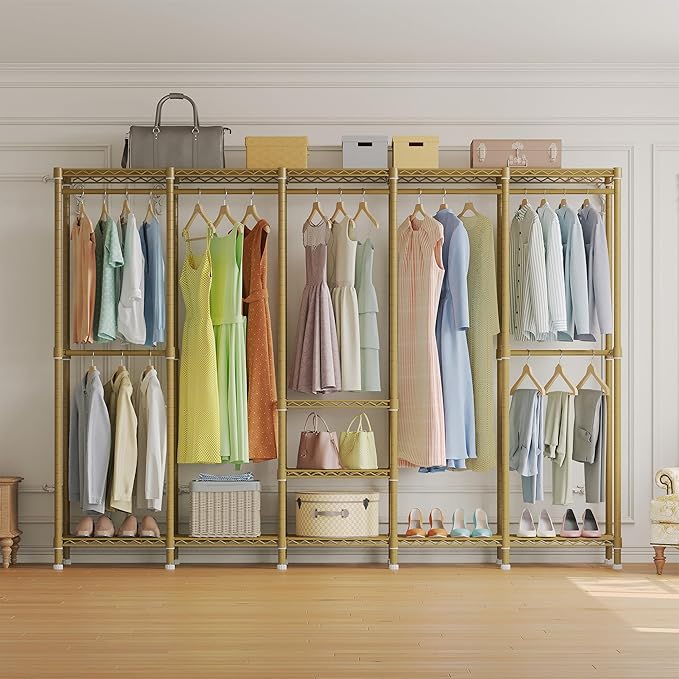 Higeego H5 Large Wire Garment Rack, Heavy Duty Clothes Racks, Wardrobe Closet Rack for Hanging Clothes, Freestanding Clothing Racks with Adjustable Shelf, 93.3" Wx15.7 Dx75.4 H, Gold, Load 1400 lbs