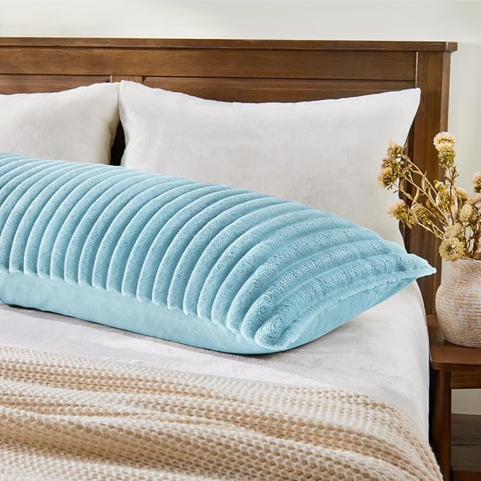 BEDELITE Fluffy Faux Fur Body Pillow Cover with Zipper, Luxury Plush 3D Striped Pillow Cover 20x54 Inches, Super Soft and Cozy Long Body Pillow Pillowcase for Bed Sofa Couch Room Decor(Light Blue)