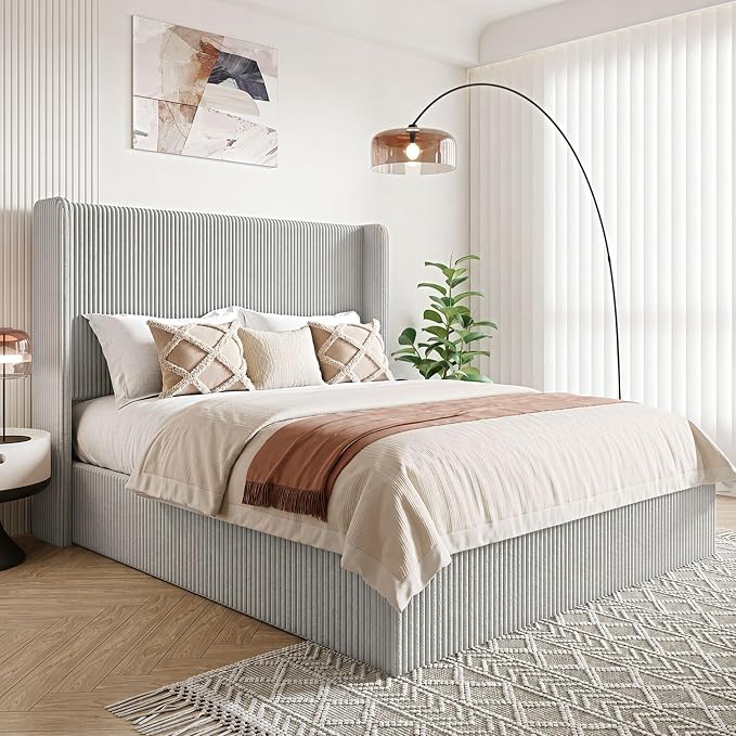 Allewie Queen Size Lift-Up Storage Bed Frame with Modern Wingback Headboard, Corduroy Upholstered Platform Bed, Hydraulic Gas Lift Support, Underbed Storage, Wooden Slats, No Box Spring Needed, Grey