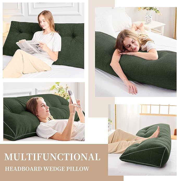 Sasttie Headboard Pillow Twin/Twin XL, Wedge Pillow Headboard for Dorm, Triangular Daybed Backrest Cushion for Sitting or Reading in Bed, with Removable Washable Cover, Olive Green