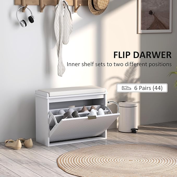 HOMCOM Narrow Shoe Bench with Padded Cushion, Shoe Cabinet with Flip-Drawer and Adjustable Shelf, Small Entryway Bench Holds up to 265lb, 24.4x10.2x18.7 Inches, White