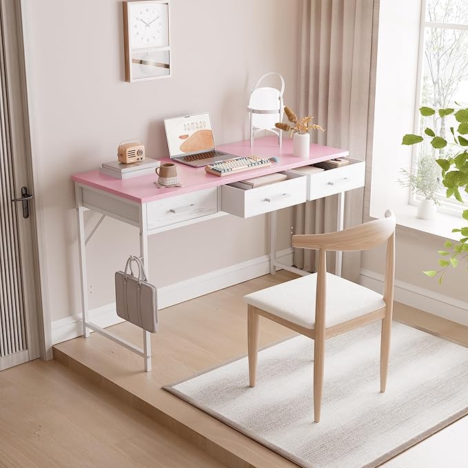 Pamray 47 Inch Small Computer Desk with 3 Drawers for Bedroom Study Writing Home Office Table for Small Spaces Pink
