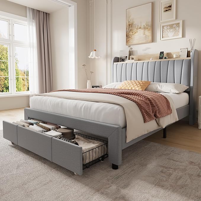 Garvee Upholstered Bed Frame Queen Size with Storage Headboard and Charging Station, Platform Bed Frame with Drawers, Heavy Duty, No Box Spring Needed, Easy Assembly, Light Grey