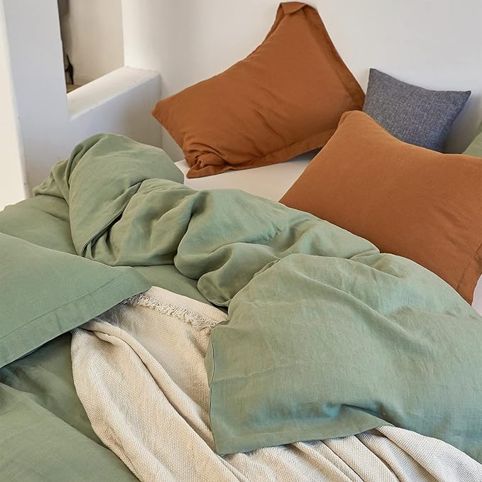 Simple&Opulence 100% Linen Duvet Cover Set 2pcs Basic Style Natural French Washed Flax Solid Color Soft Breathable Farmhouse Bedding with Button Closure - Sage Green, Twin