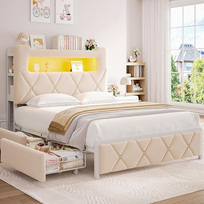 Full Upholstered LED Bed Frame with 2 Storage Drawers and 2-Tier Storage Headboard, Velvet Princess Platform Bed with Charging Station & Bookcase, Corner Bed Frame, Heavy Duty Metal Support, Beige