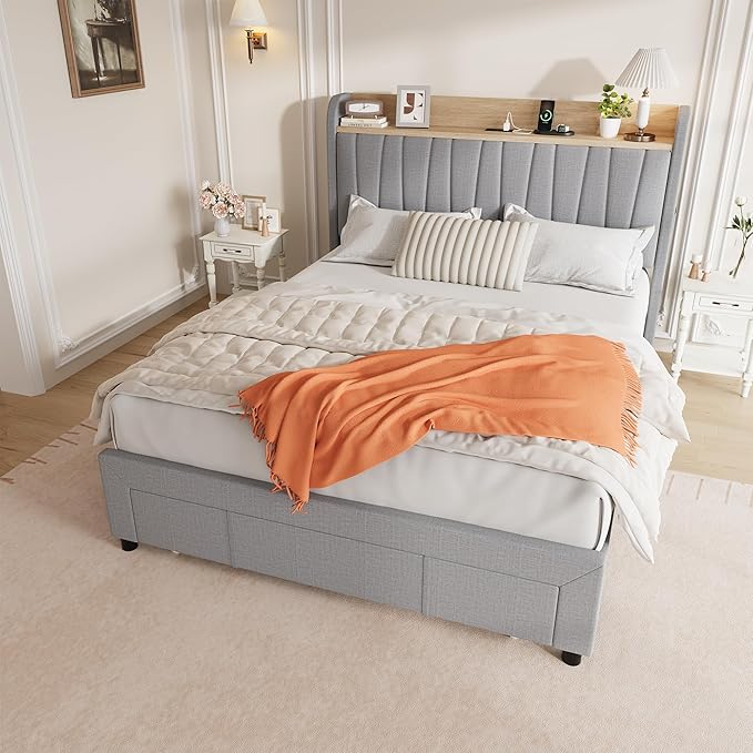 GarveeHome Upholstered Bed Frame with Storage Headboard and Charging Station, Platform Bed Frame with Drawers, Heavy Duty, No Box Spring Needed, Easy Assembly, Grey, Queen Size
