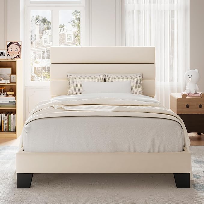 Allewie Twin Size Platform Bed Frame with Fabric Upholstered Headboard and Wooden Slats Support, Fully Upholstered Mattress Foundation/No Box Spring Needed/Easy Assembly, Cream