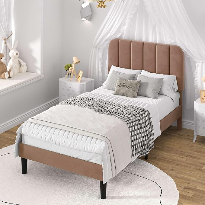 VECELO Twin Size Bed Frame with Upholstered Headboard, Velvet Platform Bedframe Mattress Foundation, Strong Wood Slat Support, No Box Spring Needed,Warm Brown