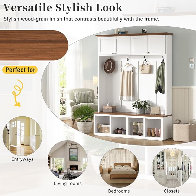 Merax Farmhouse Wood 59''W Hall Tree with 4 Hooks and Entryway Shoe Bench, 4-in-1 Coat Racks with 4 Open Compartments and Cabinets, for Entrance, Hallway, Mudroom, White