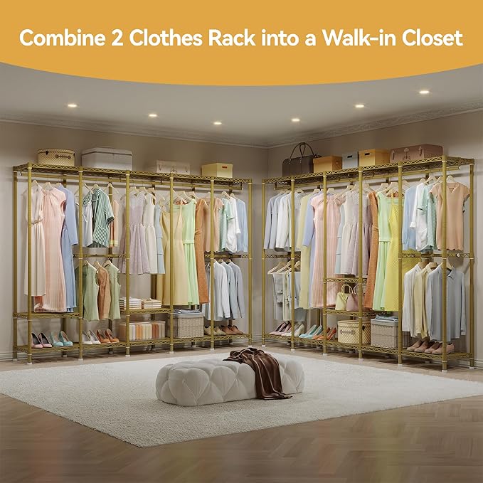 Higeego H5 Large Wire Garment Rack, Heavy Duty Clothes Racks, Wardrobe Closet Rack for Hanging Clothes, Freestanding Clothing Racks with Adjustable Shelf, 93.3" Wx15.7 Dx75.4 H, Gold, Load 1400 lbs