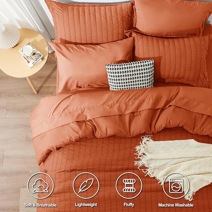 CozyLux King Size Comforter Set Burnt Orange Seersucker 7 Pieces Bed in a Bag King Comforter Set with Sheets, Terracotta Luxury Bedding Set with Down Alternative Comforter, Sheets, Pillowcases & Shams