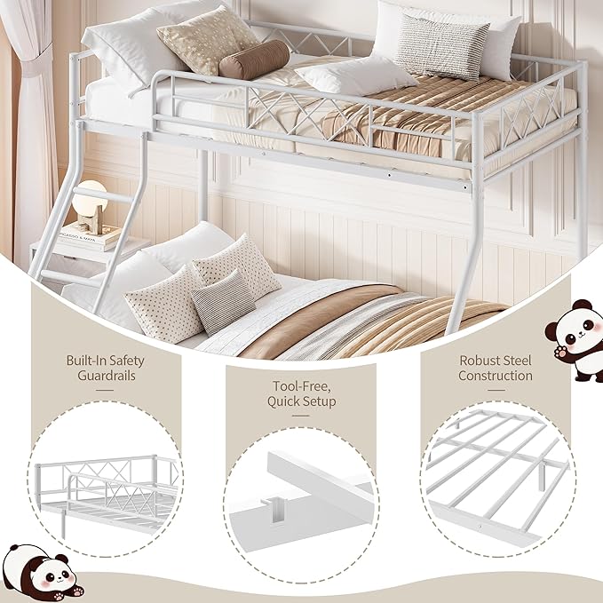 Garvee Bunk Bed Twin Over Full for Adults & Teens, Heavy Duty Metal with Ladder & Safety Rails, No Box Spring Required, Space Efficient Furniture for Bedroom, Dorm, White