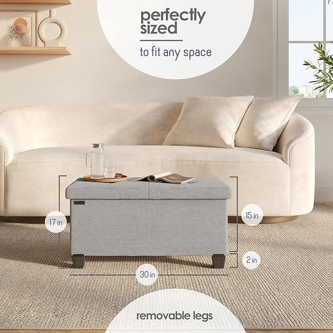 Storage Ottoman Bench with Bins, 30-in Storage Bench for Bedroom End of Bed, Folding Foot Rest Ottoman for Living Room Max 660lbs, Fabric Ottomans, Light Grey