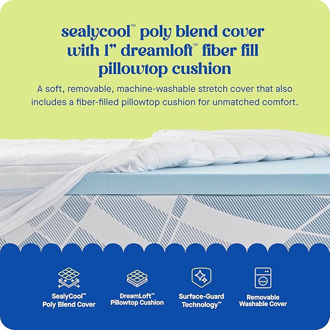 Sealy Dreamlife 3” Gel Memory Foam Full Mattress Topper with 1” Quilted Cooling Cover, SealyComfort Gel Foam, SealyCool Poly Blend Cover
