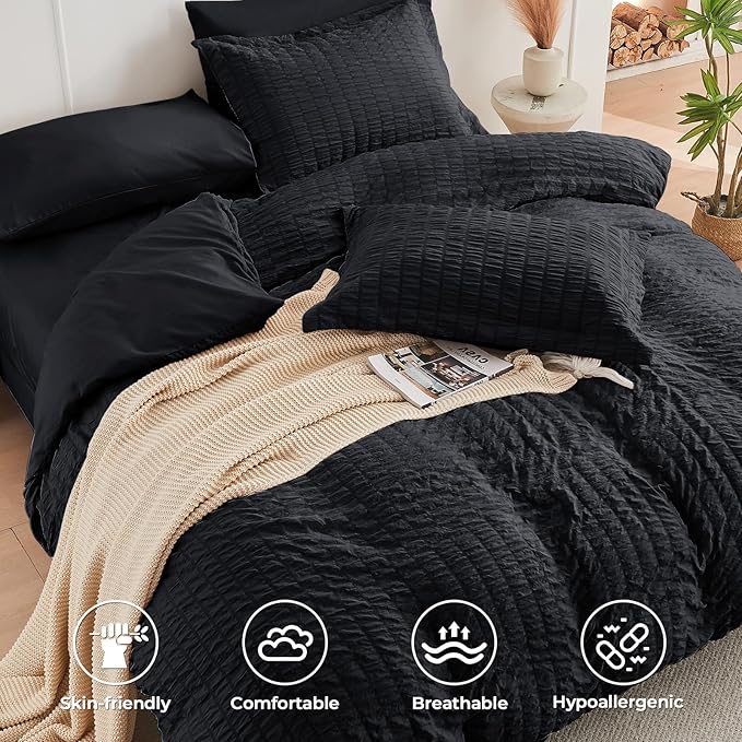 HYMOKEGE Black Twin XL Comforter Set Seersucker 5 Pieces, All Season Luxury Bed in a Bag for Bedroom, Bedding Set with Comforters, Sheets, Pillowcase & Sham