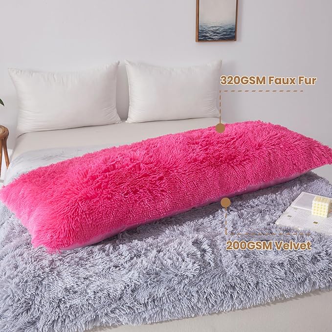 MEGO Luxury Fluffy Body Pillow Cover, 20x54 Shaggy Faux Fur Body Pillow Case, Soft Plush Fuzzy Body Pillowcase, Decorative Furry Long Bed Pillow with Zipper Closure Hug Pillow for Bedroom Hot Pink