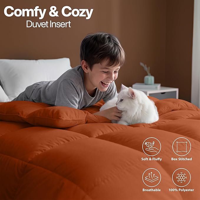 Utopia Bedding Queen Comforter Duvet Insert, Quilted Burnt Orange Comforter with Corner Tabs, Box Stitched Down Alternative Comforters Queen Size 88 x 88 inches