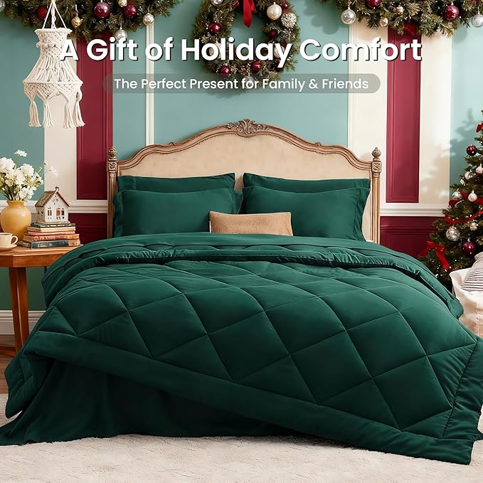 Love's cabin Twin Comforter Set Dark Green, 5 Pieces Twin Bed in a Bag, All Season Bedding Sets with 1 Comforter, 1 Flat Sheet, 1 Fitted Sheet, 1 Pillowcase and 1 Pillow Sham | Soft, Breathable, Lightweight, Comfortable