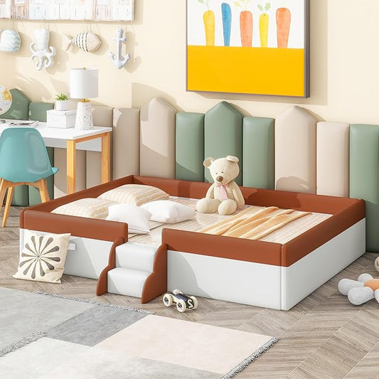 Merax Full Size Daybed Frame with Fence and Stairs, Upholstered Wood Bed for Living Room, Floor Bed, White+Brown