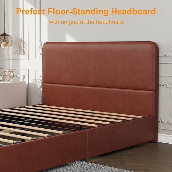 GarveeHome Modern Upholstered Platform Bed Frame with Headboard and Storage Drawers – PU Brown Leather, Sturdy Wood Slat Support, Noise-Free, No Box Spring Needed, Easy Assembly – Full Size, PU Brown