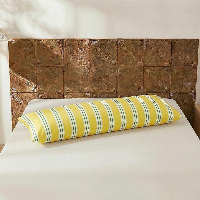 Merryword Body Pillow Cover 20x54inches, 100% Cotton Pillow Case, Yellow and Green Striped Pillowcase, Soft Breathable Ribbon Stripes Long Pillowcase, 1-Piece